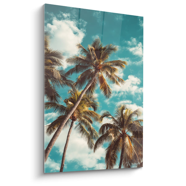 Tableau Cocotiers turquoise et doré aux troncs croisés - Nuages blancs cotonneux - Edition Palmier