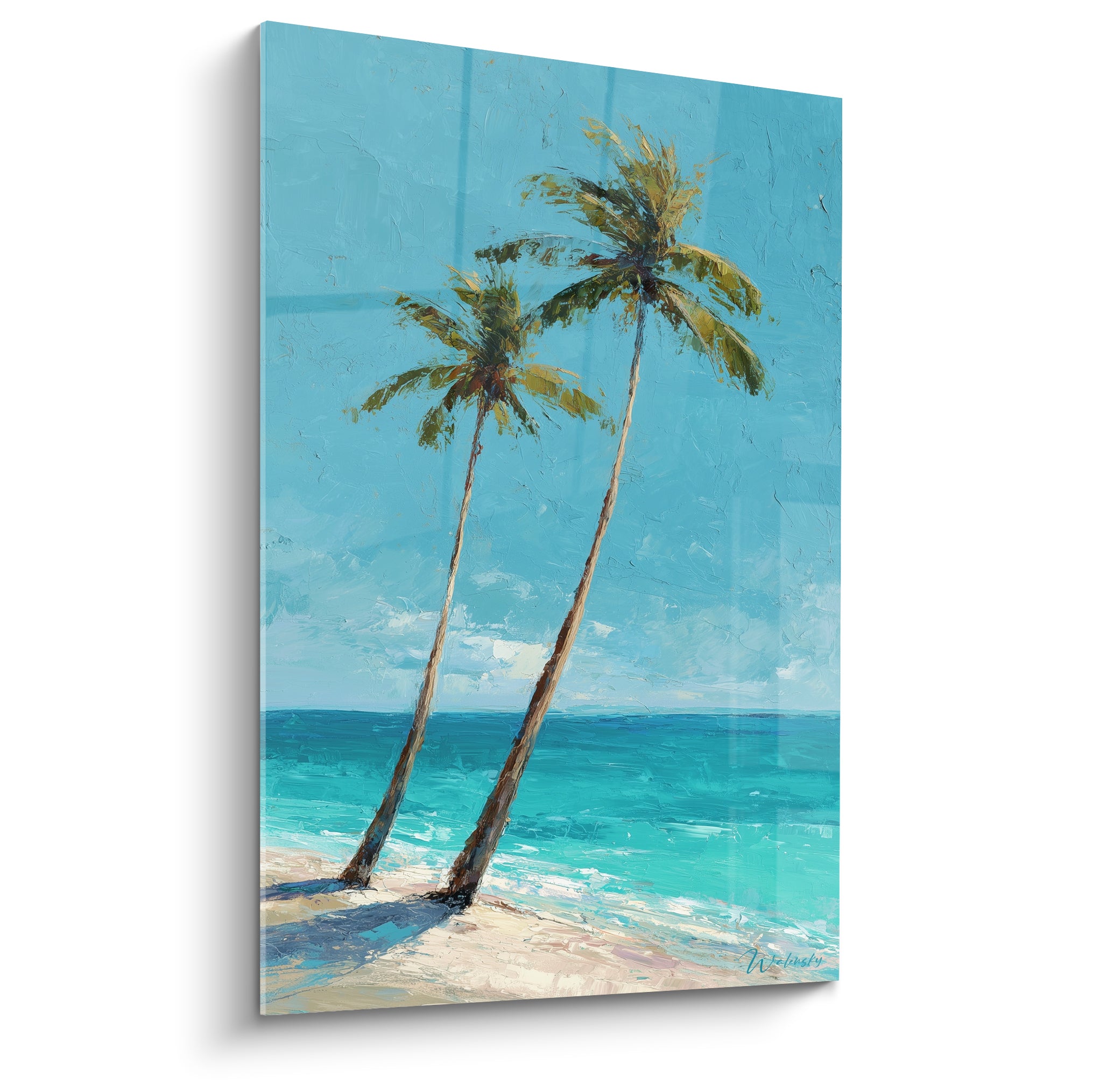 Palmier double tronc brun feuillage doré et ciel bleu turquoise en peinture texturée
