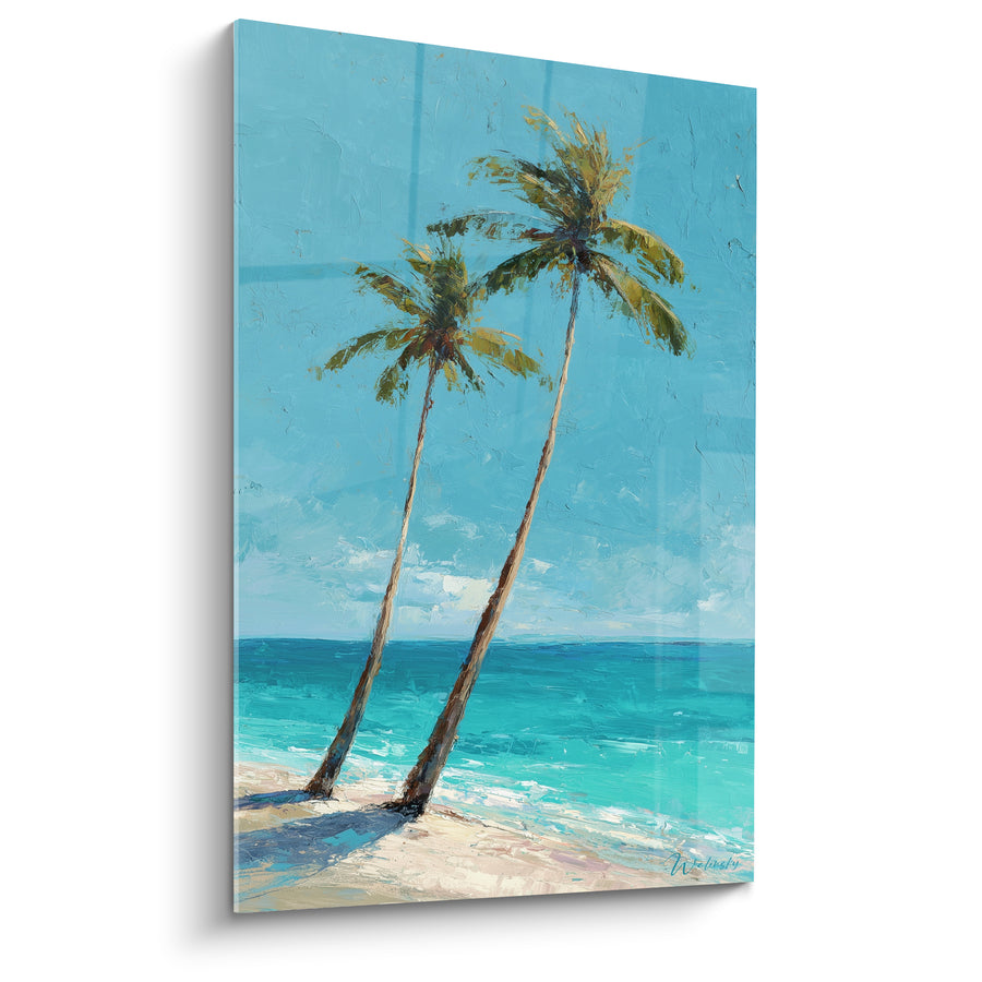 Tableau Deux palmiers penchés plage turquoise - Brise complice - Edition Palmier
