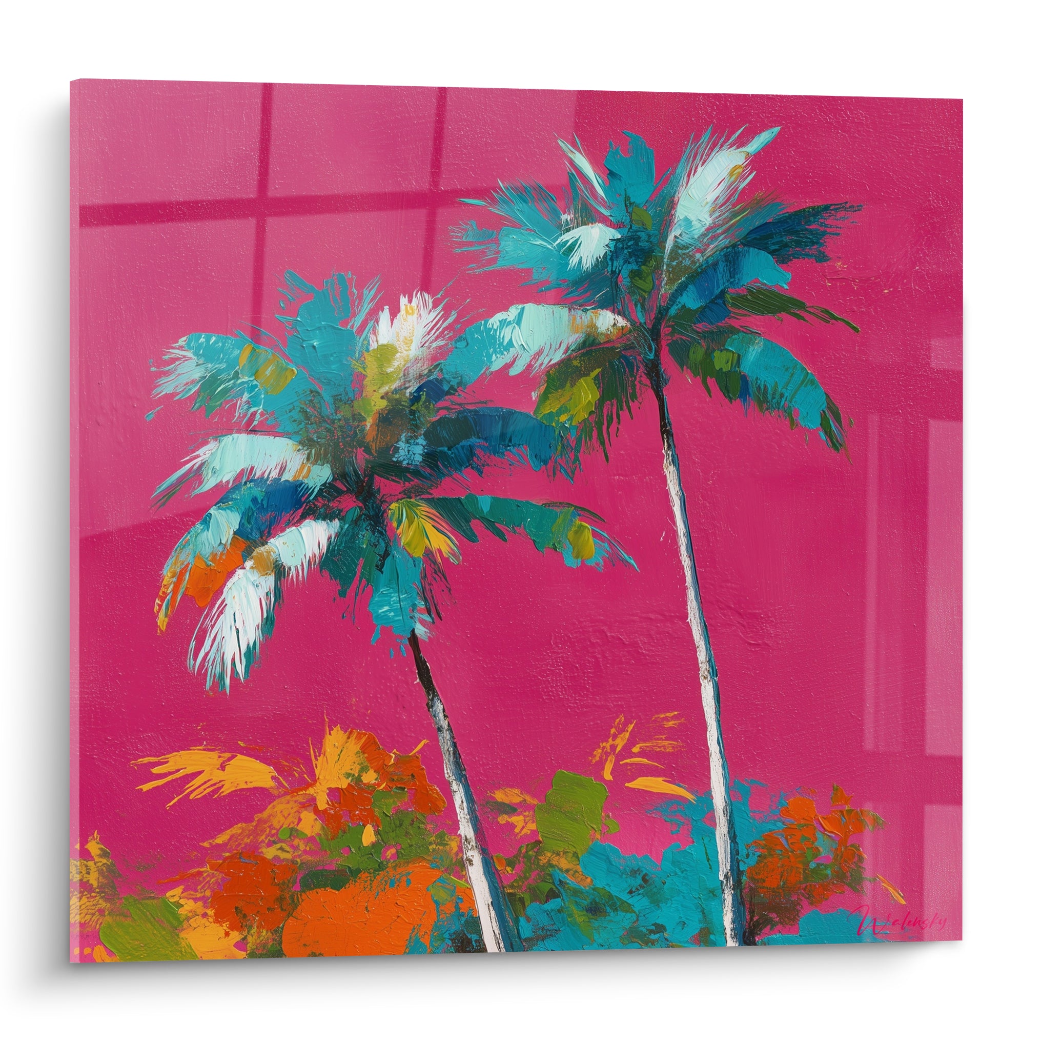 Palmiers turquoise et blanc peints sur fond rose fuchsia, troncs graciles, style pictural expressif
