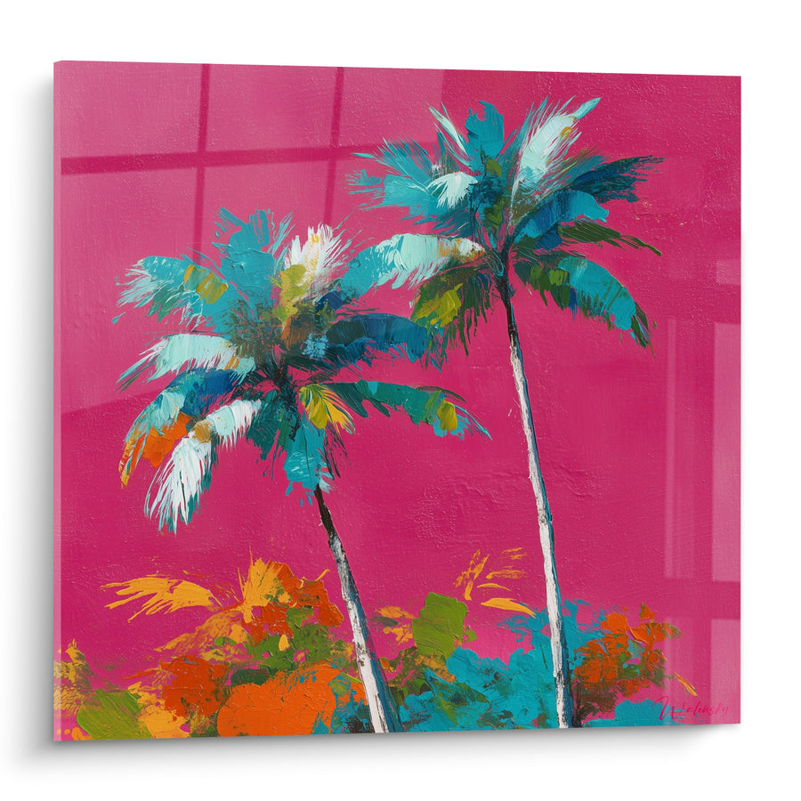 Tableau Palmiers turquoise sur fond rose vif - Éclat tropical - Edition Palmier