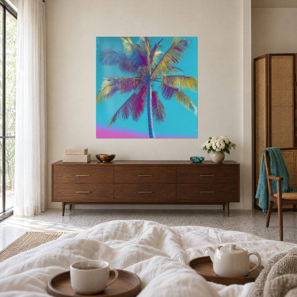 Cuadro árbol tropical de frondas amarillas y púrpuras sobre cielo turquesa, encima de una cama en un dormitorio luminoso