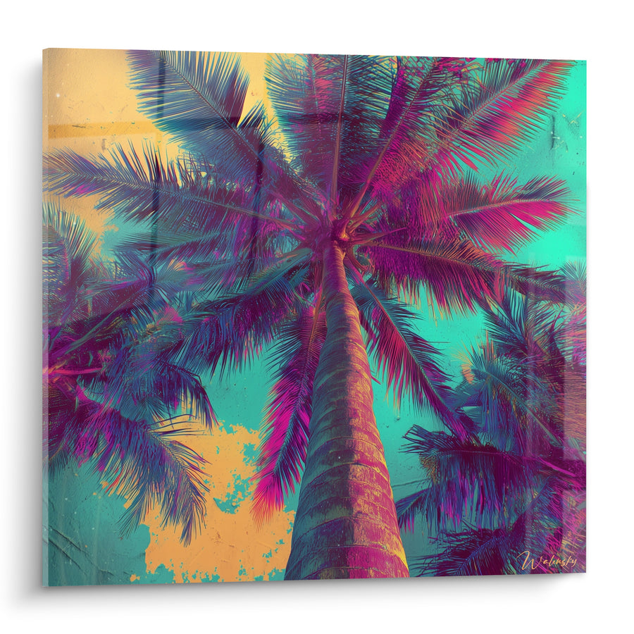 Tableau Palmier magenta et turquoise vu du sol vers la cime - Taches ocre en fond - Edition Palmier