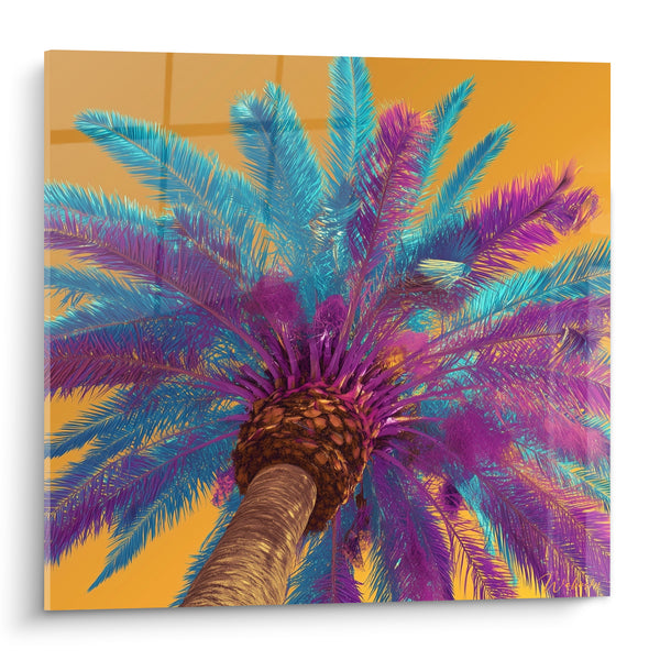 Tableau Palmes turquoise et magenta sur fond safran - Couronne végétale ananassée - Edition Palmier