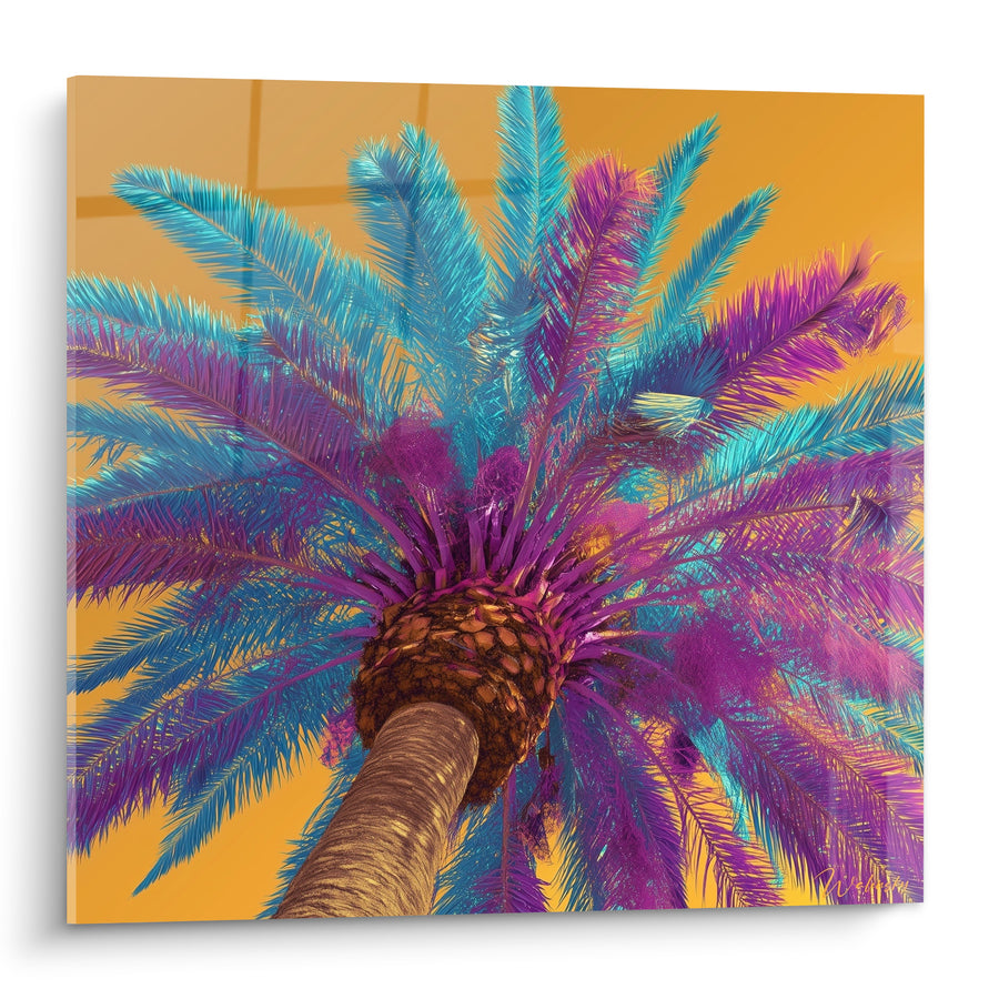 Tableau Palmes turquoise et magenta sur fond safran - Couronne végétale ananassée - Edition Palmier