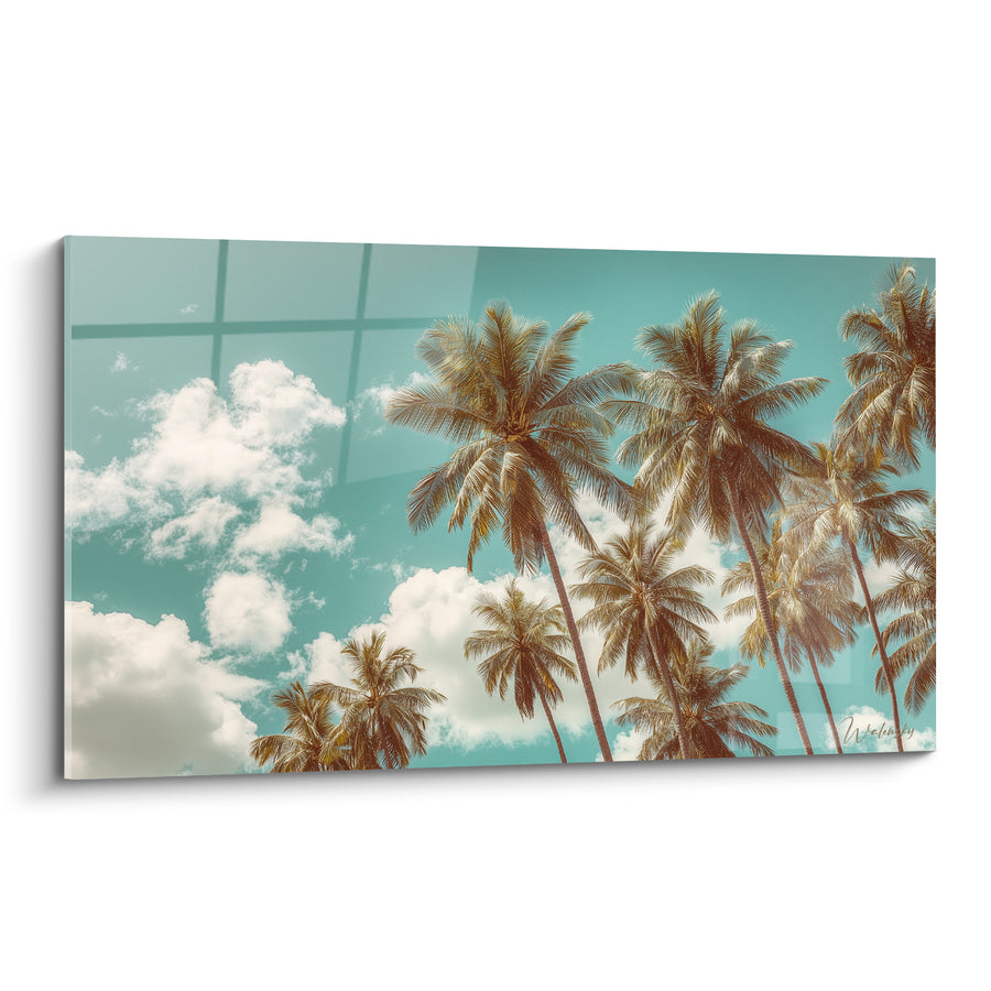 Tableau Palmiers turquoise et brun sous nuages épars - Cocotiers en hauteur groupés - Edition Palmier