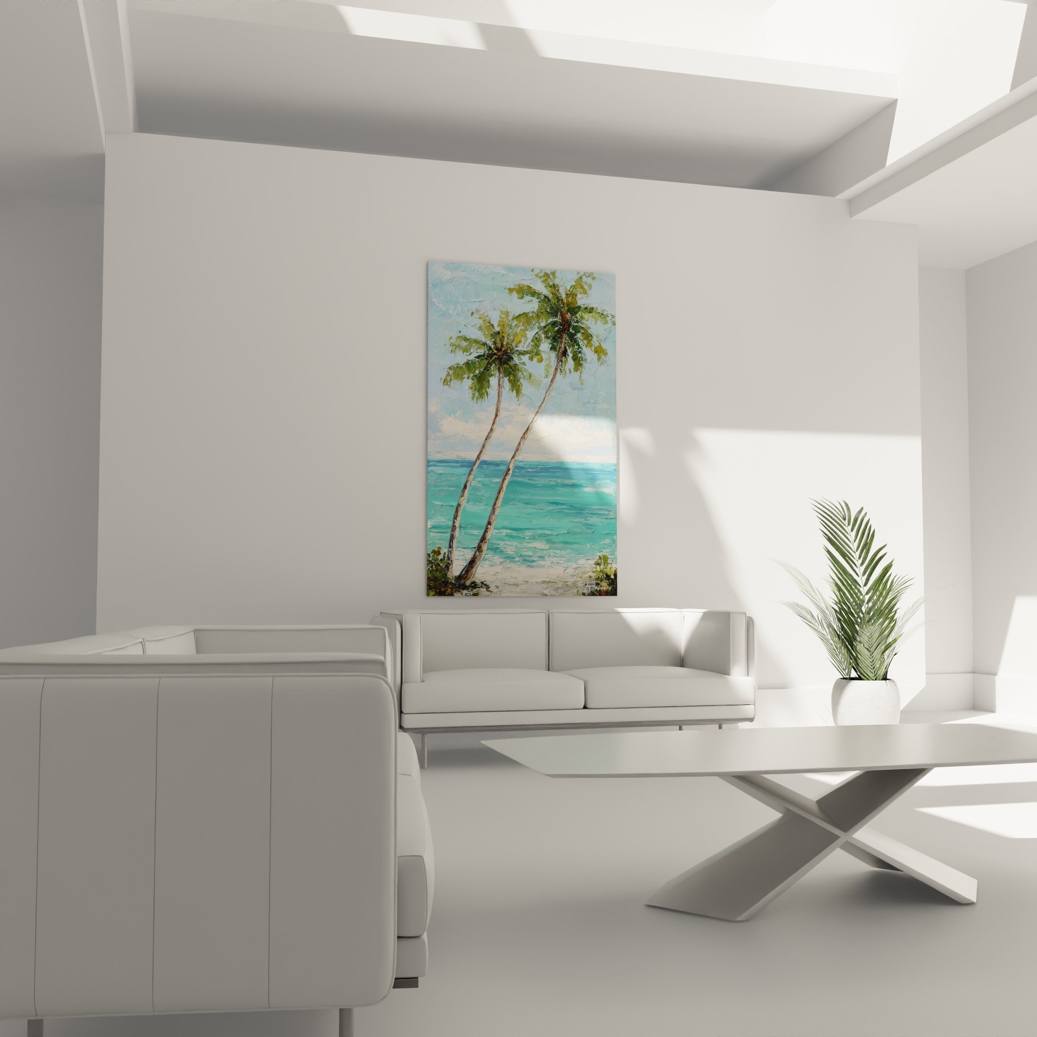 Deux palmiers inclinés vers une mer turquoise et bleu profond, au-dessus d'un canapé dans un salon lumineux