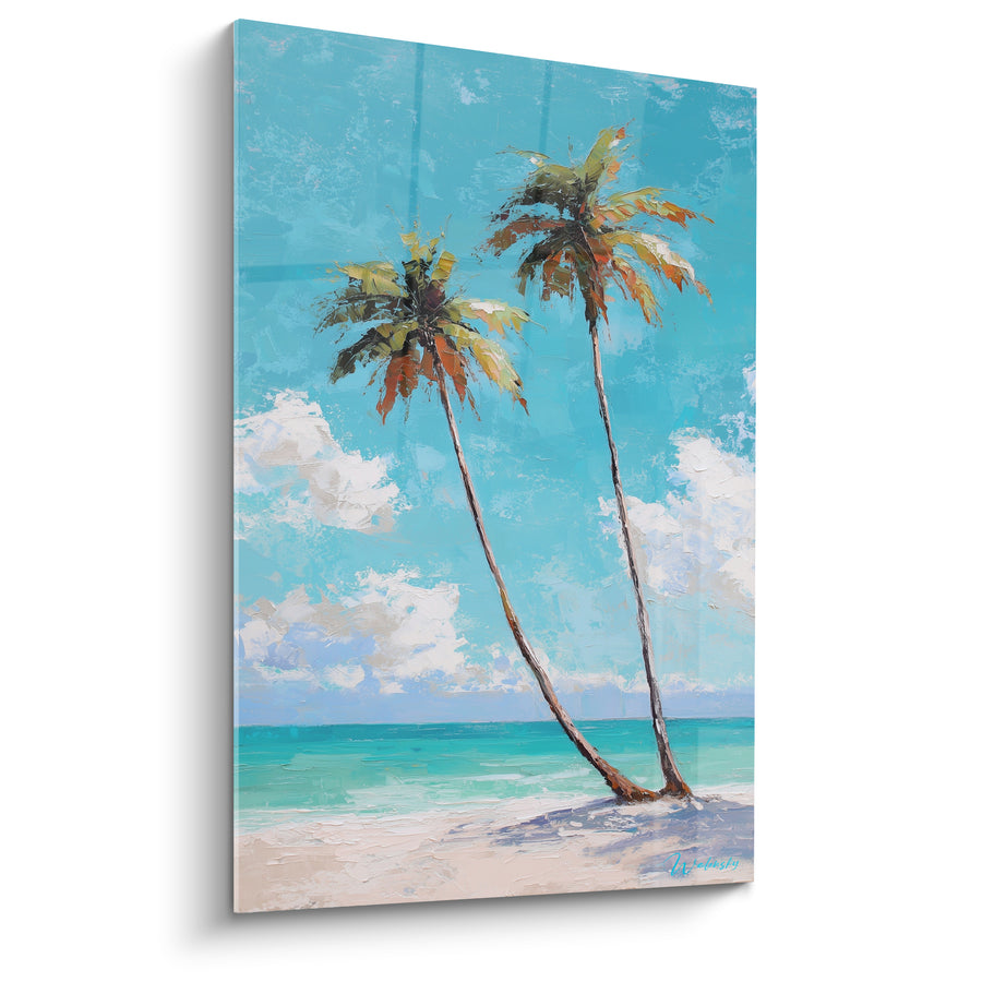 Tableau Cocotiers turquoise et blanc troncs enlacés - Nuages cotonneux épais - Edition Palmier