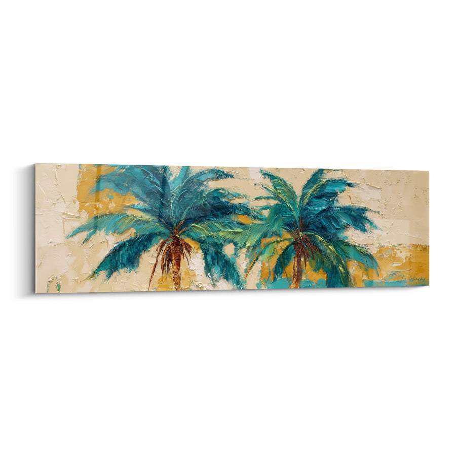 Tableau Palmiers turquoise et beige aux troncs bruns entrelacés - Empâtements côte à côte - Edition Palmier