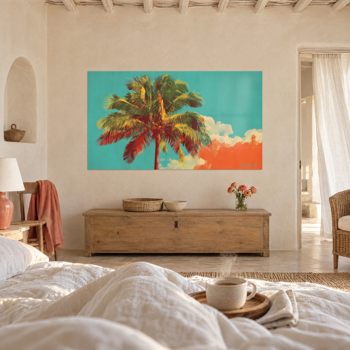 Wall art exotic tree with green, red and gold palm fronds on a turquoise background, above a bed in a light bedroom