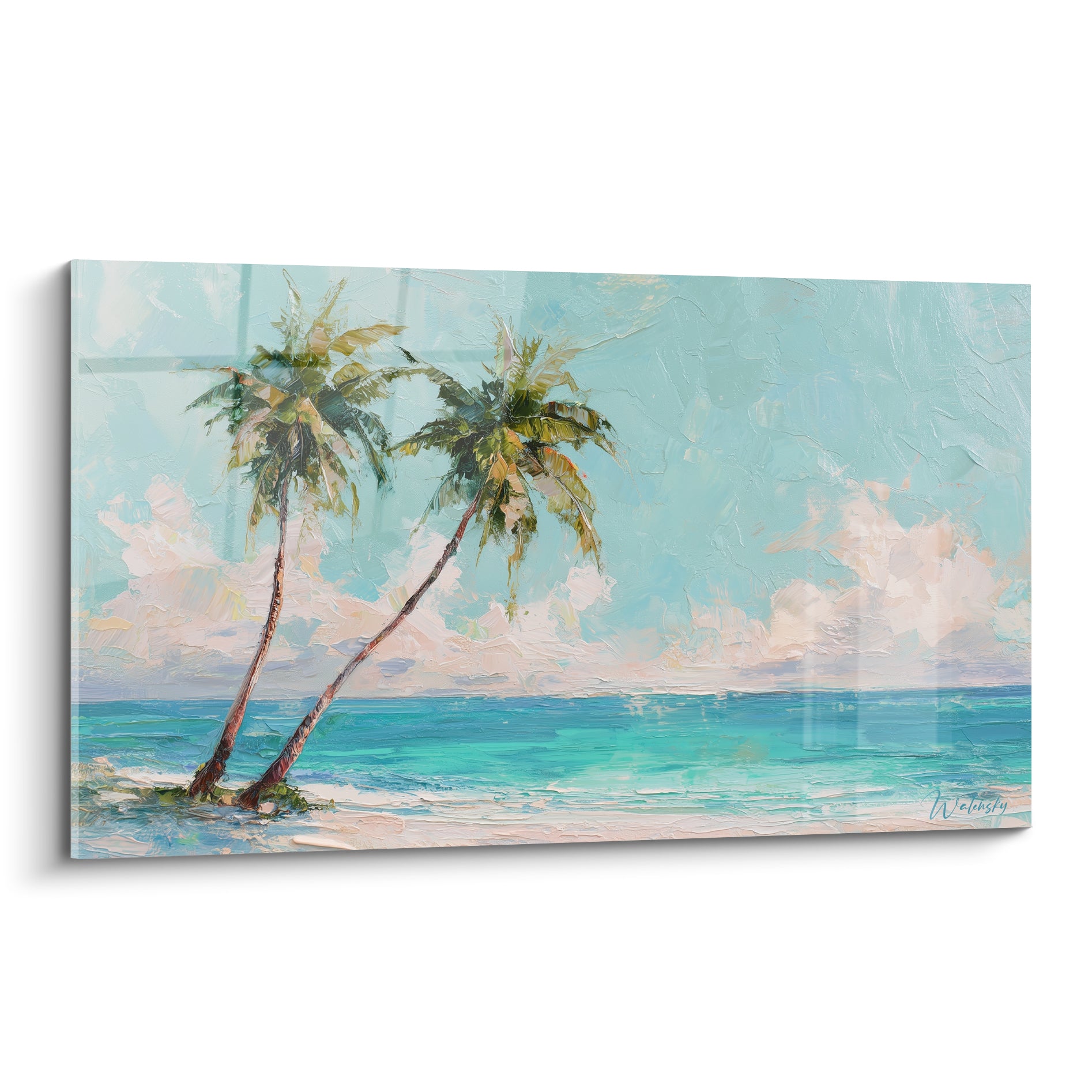 Palmiers turquoise et blanc penchés sur une plage, peinture à l'huile texturée aux empâtements visibles
