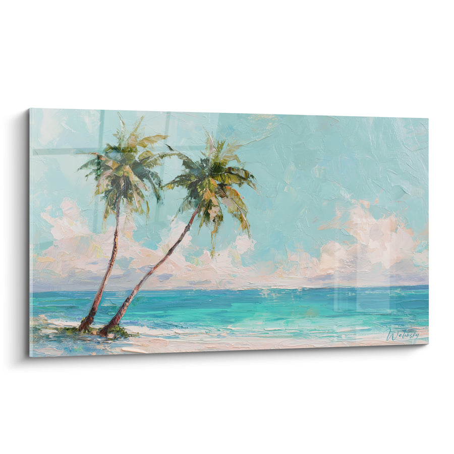 Tableau Cocotiers troncs bruns entrelacés vers l'horizon turquoise - Plage de sable blanc - Edition Palmier