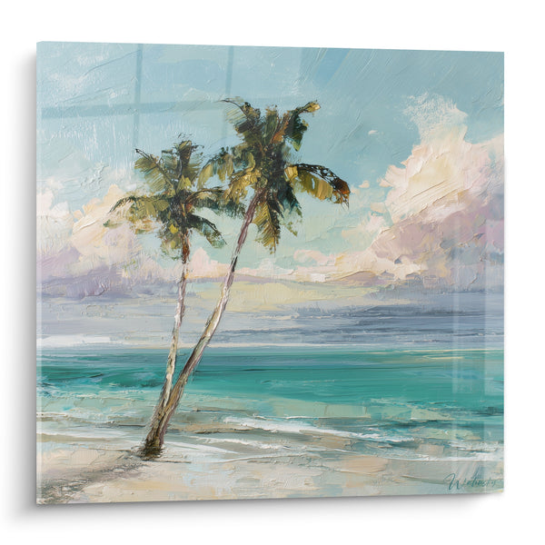 Tableau Cocotiers verts et turquoise sur plage nuageuse - Ciel rose vaporeux - Edition Palmier