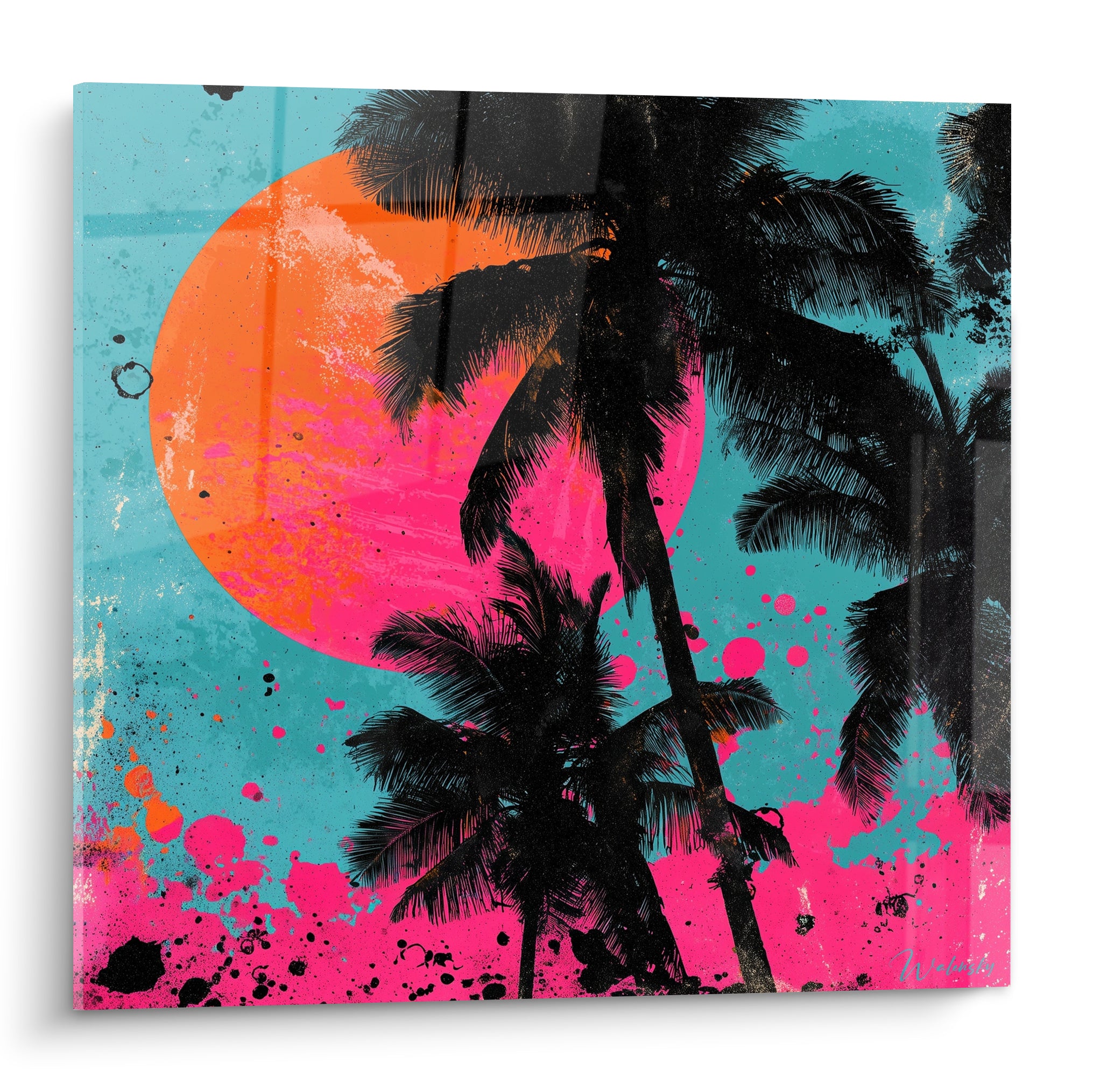 Palmiers noirs se détachent sur un fond turquoise et rose fuchsia éclatant
