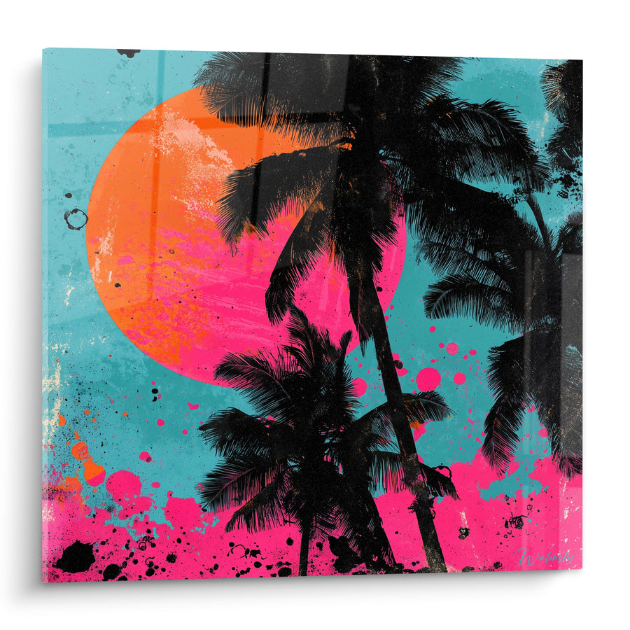Tableau Palmiers noirs sur fond turquoise et rose - Rétine tropicale - Edition Palmier