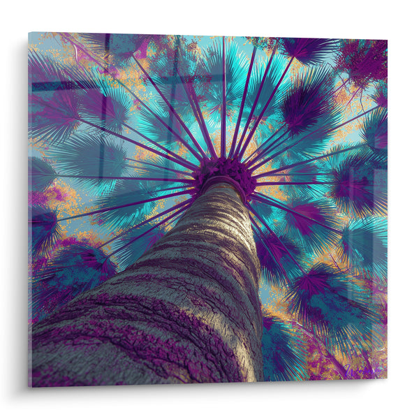 Tableau Palmier tronc écorcé turquoise et magenta éclatant - Rayons de palmes - Edition Palmier