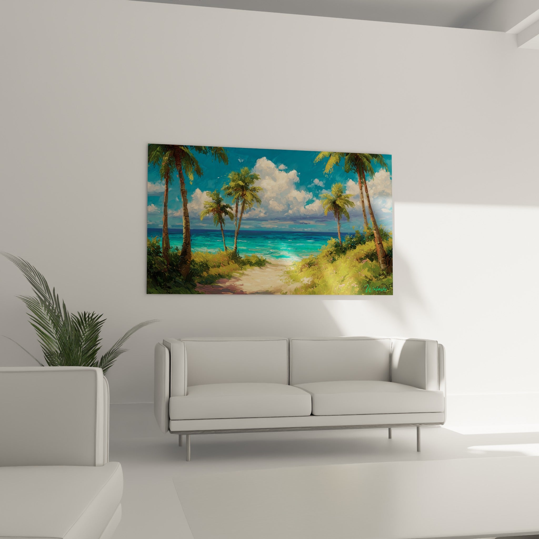 Chemin de plage entouré de palmiers et vagues turquoise, disposé au-dessus d'un canapé dans un salon lumineux