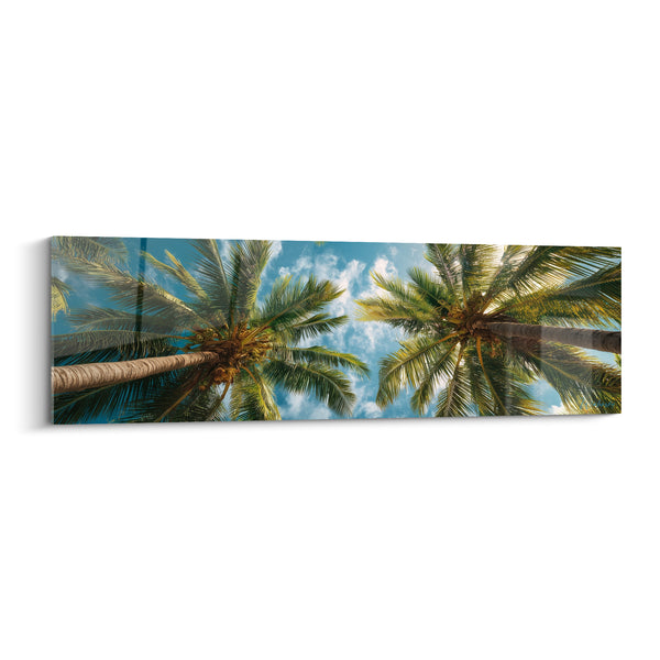 Tableau Cocotiers verts et bruns vus du sol vers les nuages - Ciel entre les cimes - Edition Palmier