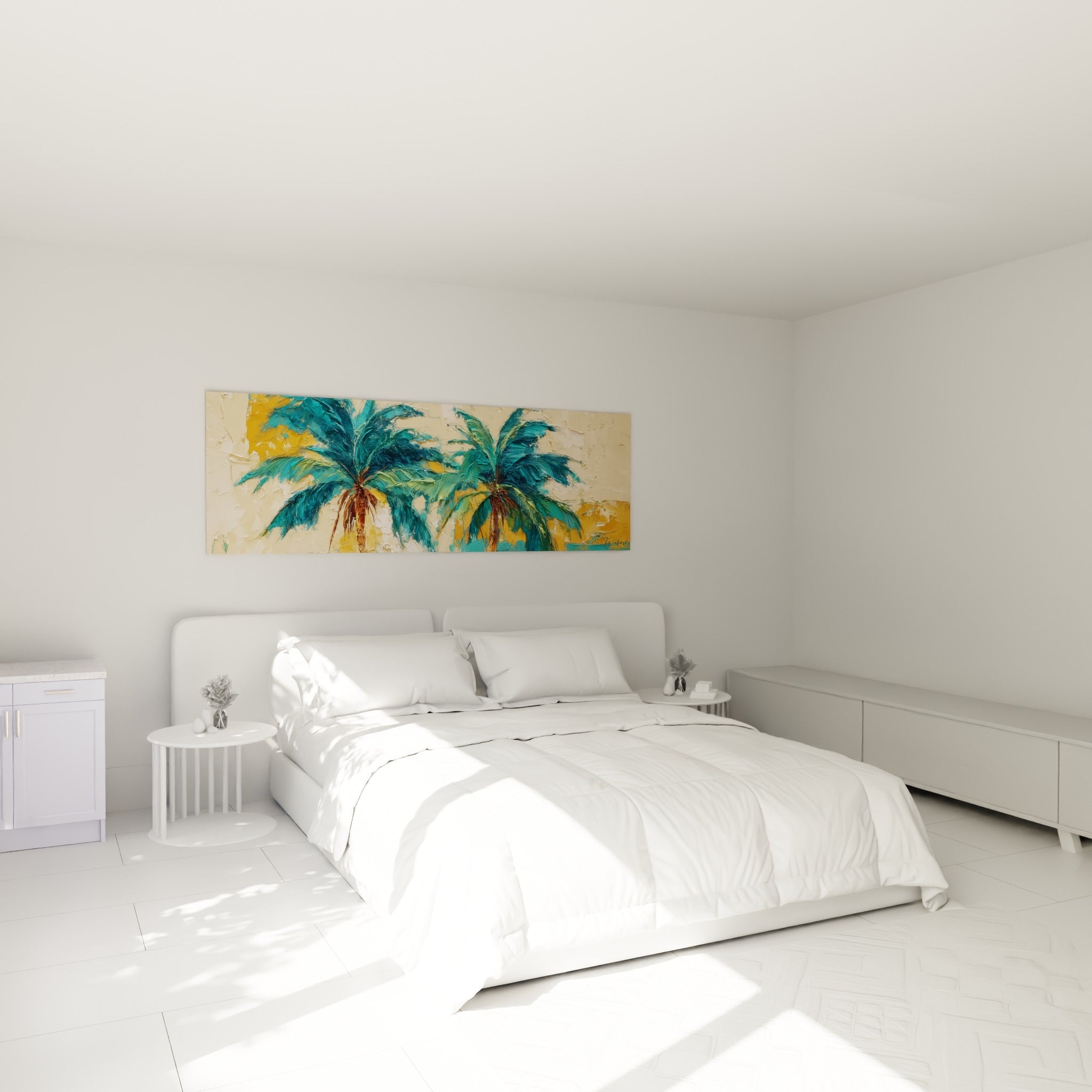 Deux palmiers turquoise et verts peints en relief, accrochés au-dessus d'un lit dans une chambre claire