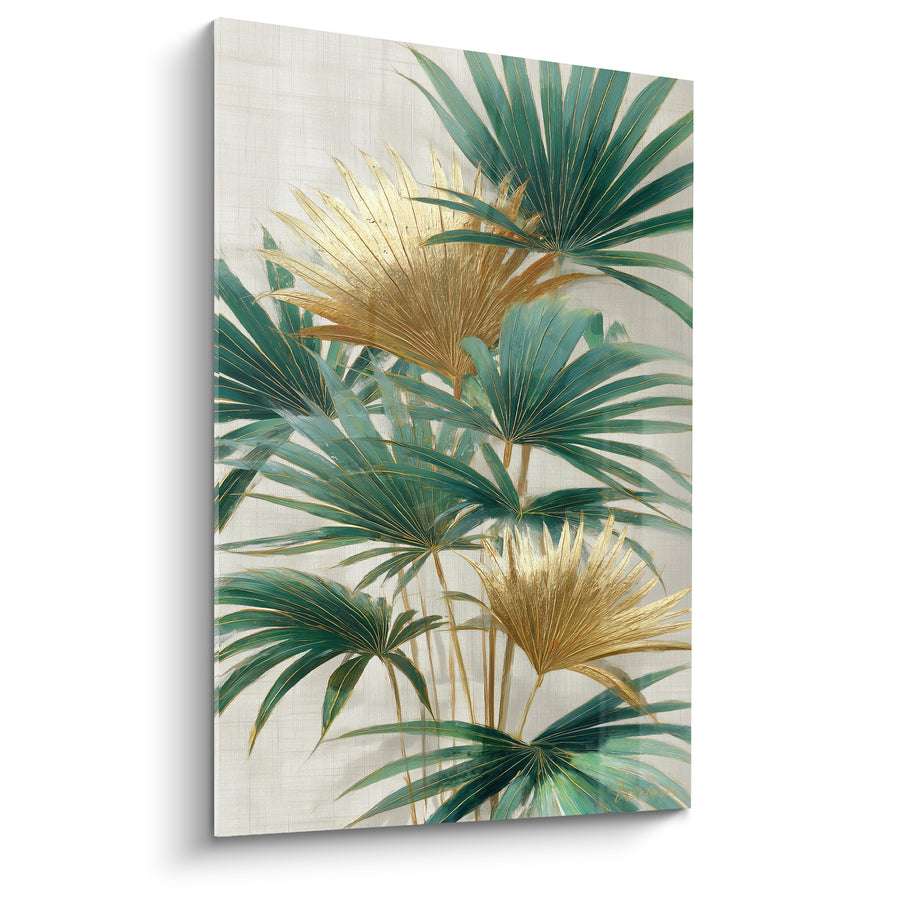 Tableau Feuilles en éventail vert émeraude et doré rayonnant - Fond lin beige - Edition Palmier