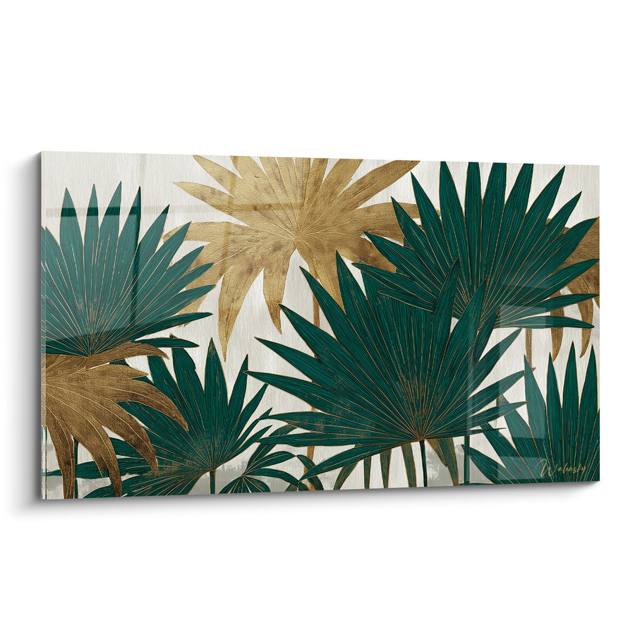 Tableau Feuilles de palmier vert émeraude et doré - Clairière tropicale dorée - Edition Palmier