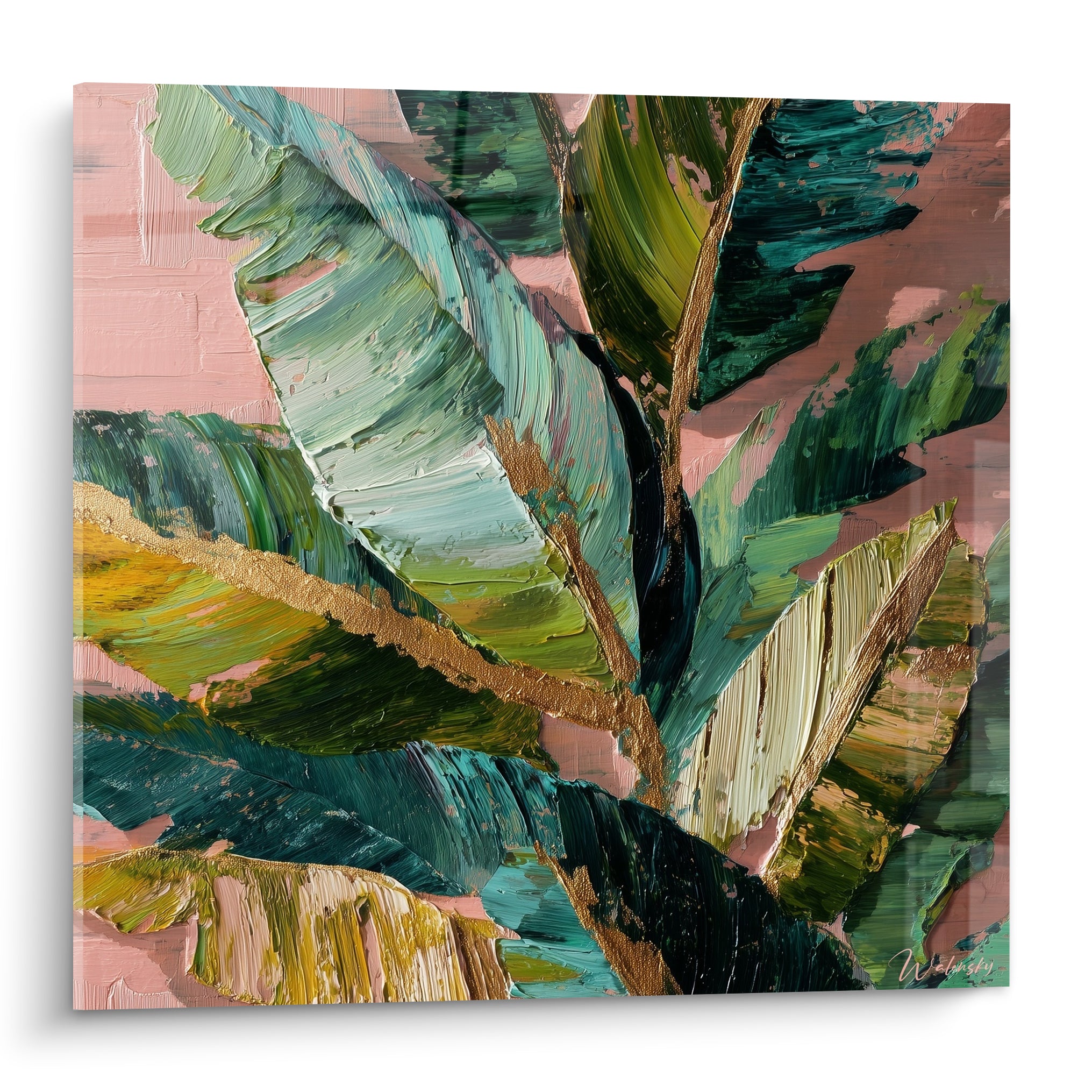 Palmier aux feuilles vert émeraude et roses striées de doré, peinture texturée à la spatule