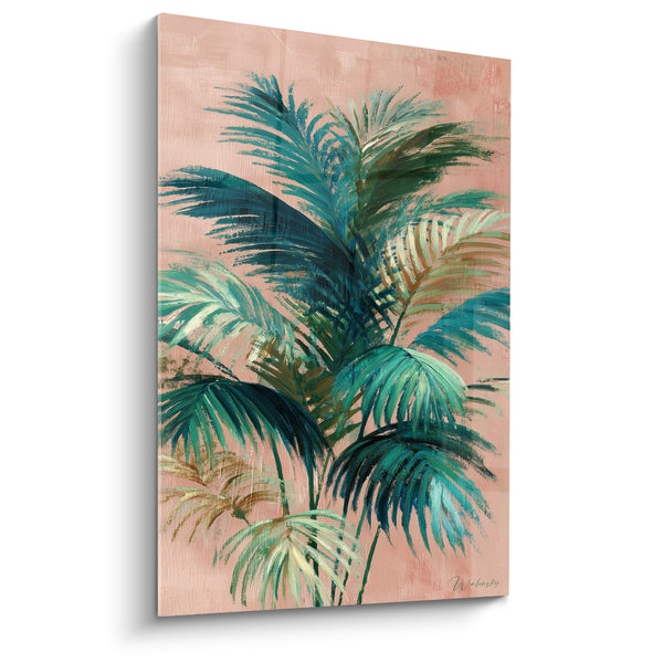 Tableau Palmes vertes sur fond rose poudré - Oasis douce - Edition Palmier