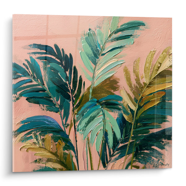 Tableau Frondes vert émeraude et doré sur fond rose - Tiges élancées entrecroisées - Edition Palmier