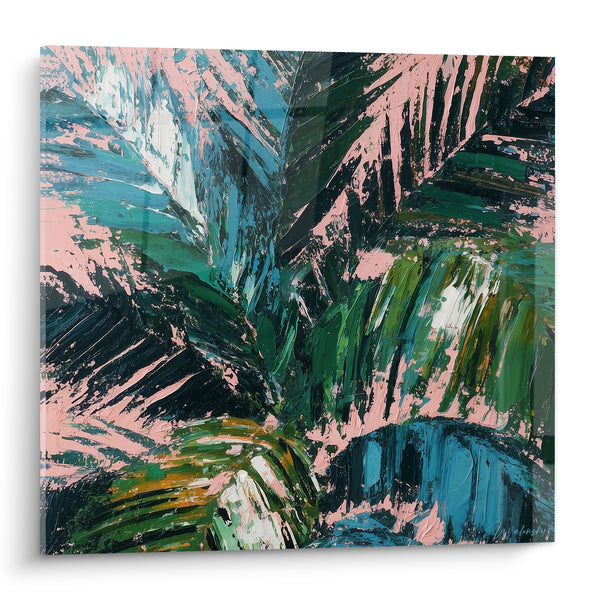 Tableau Feuilles vert et rose poudré texturées - Souffle tropical - Edition Palmier