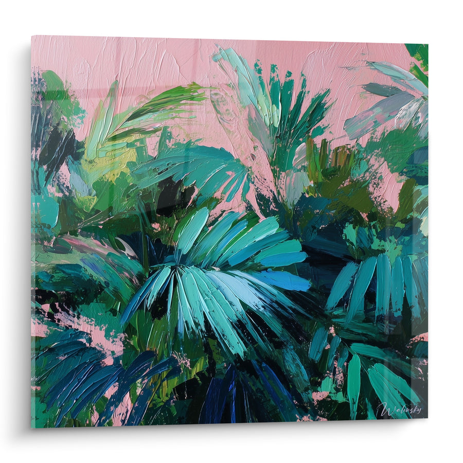 Tableau Palmes vertes et roses en épaisses touches - Jungle au crépuscule - Edition Palmier