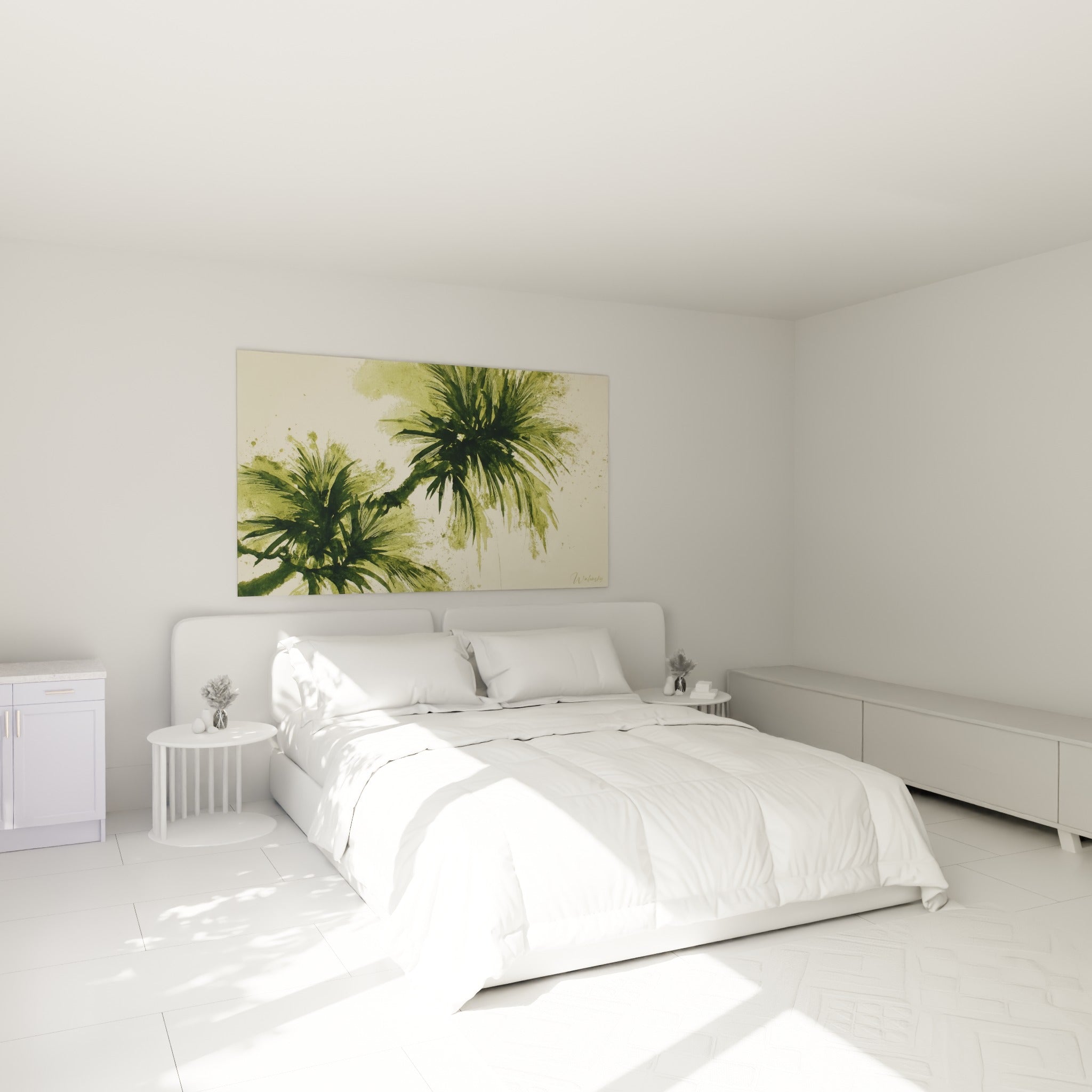 Frondes de palmier vert kaki et blanc cassé accrochées au-dessus d'un lit dans une chambre claire