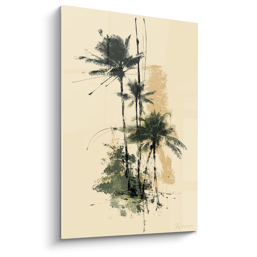 Tableau Palmiers vert olive fond beige sable - Souvenir de rivage - Edition Palmier