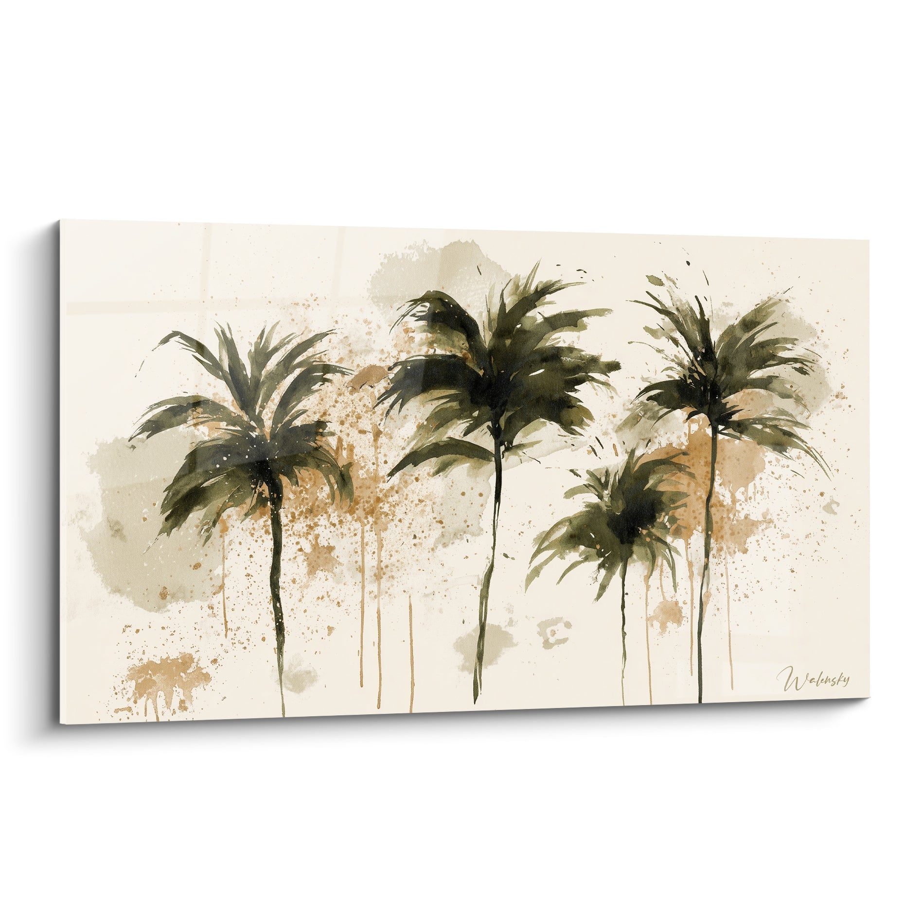Palmiers vert olive et coulures ocre peints sur fond ivoire, style aquarelle spontanée