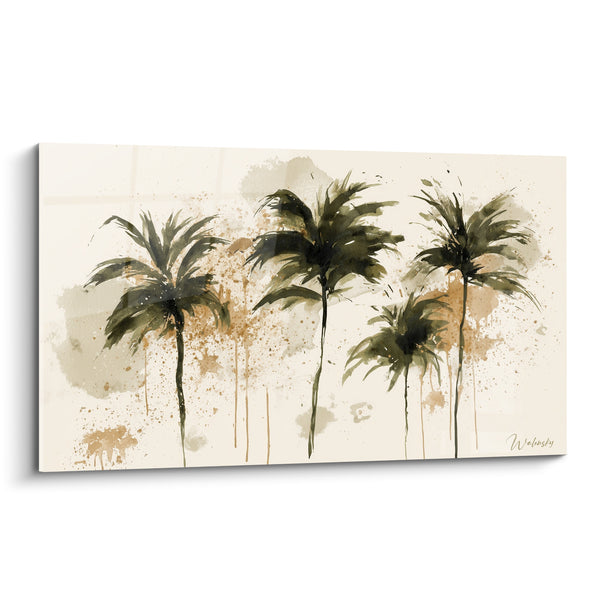 Tableau Palmiers vert olive et beige aux coulures d'aquarelle - Éclaboussures sépia diffuses - Edition Palmier