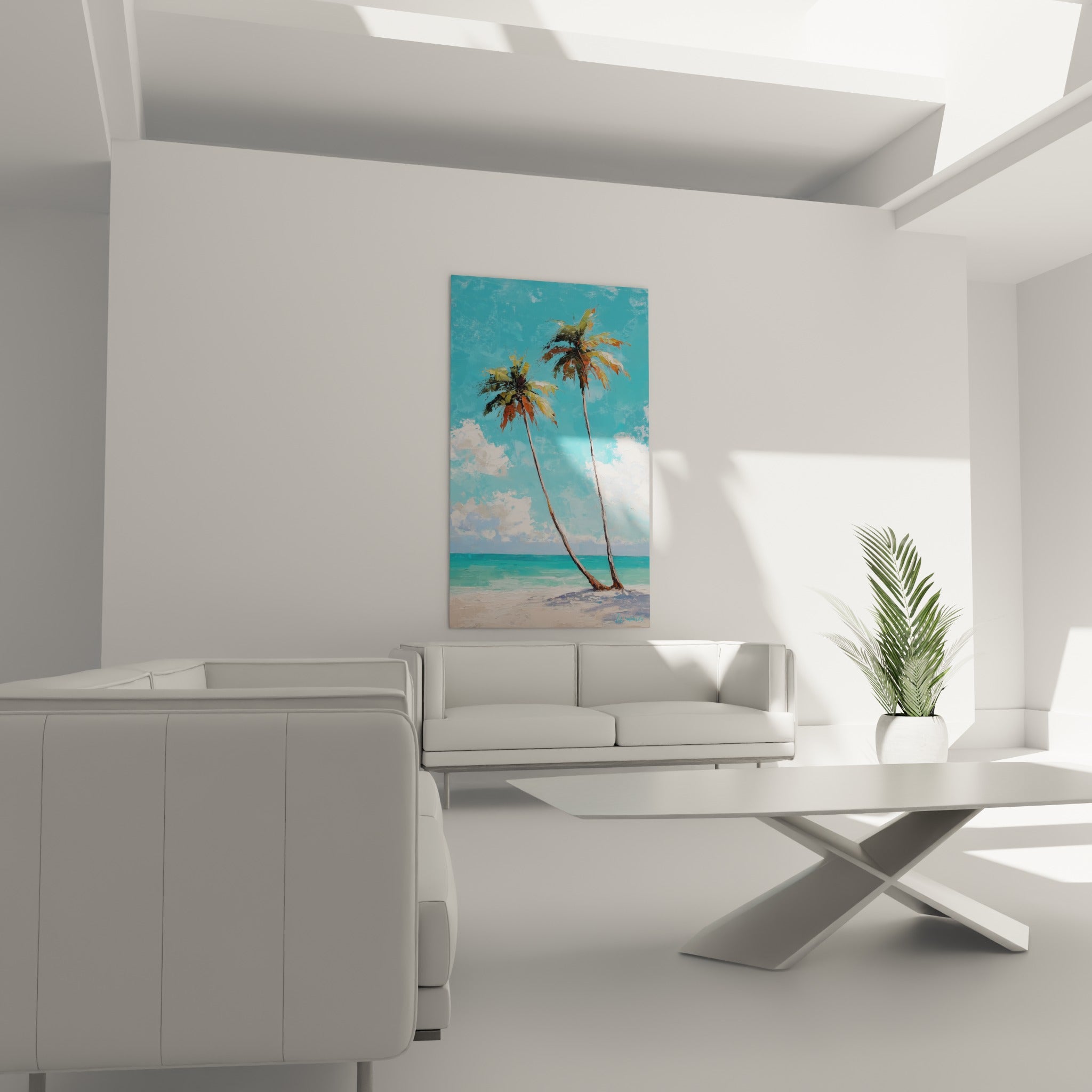 Palmiers ocre et turquoise se courbant vers l'océan, suspendus au-dessus d'un canapé dans un salon lumineux