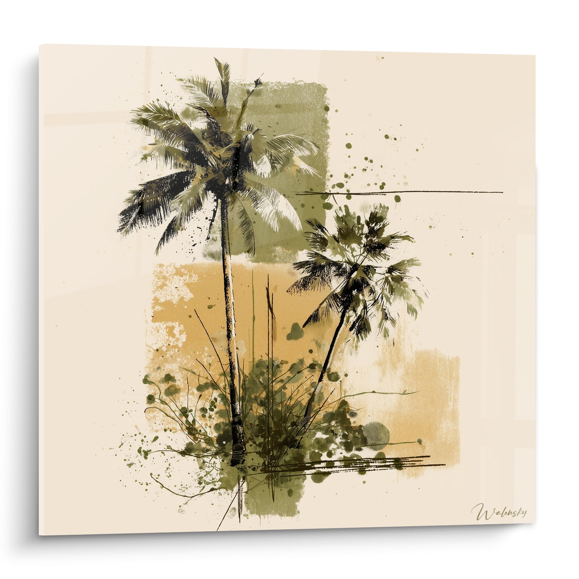 Palmiers esquissés vert olive et ocre sablé sur fond crème, style graphique éclaboussé