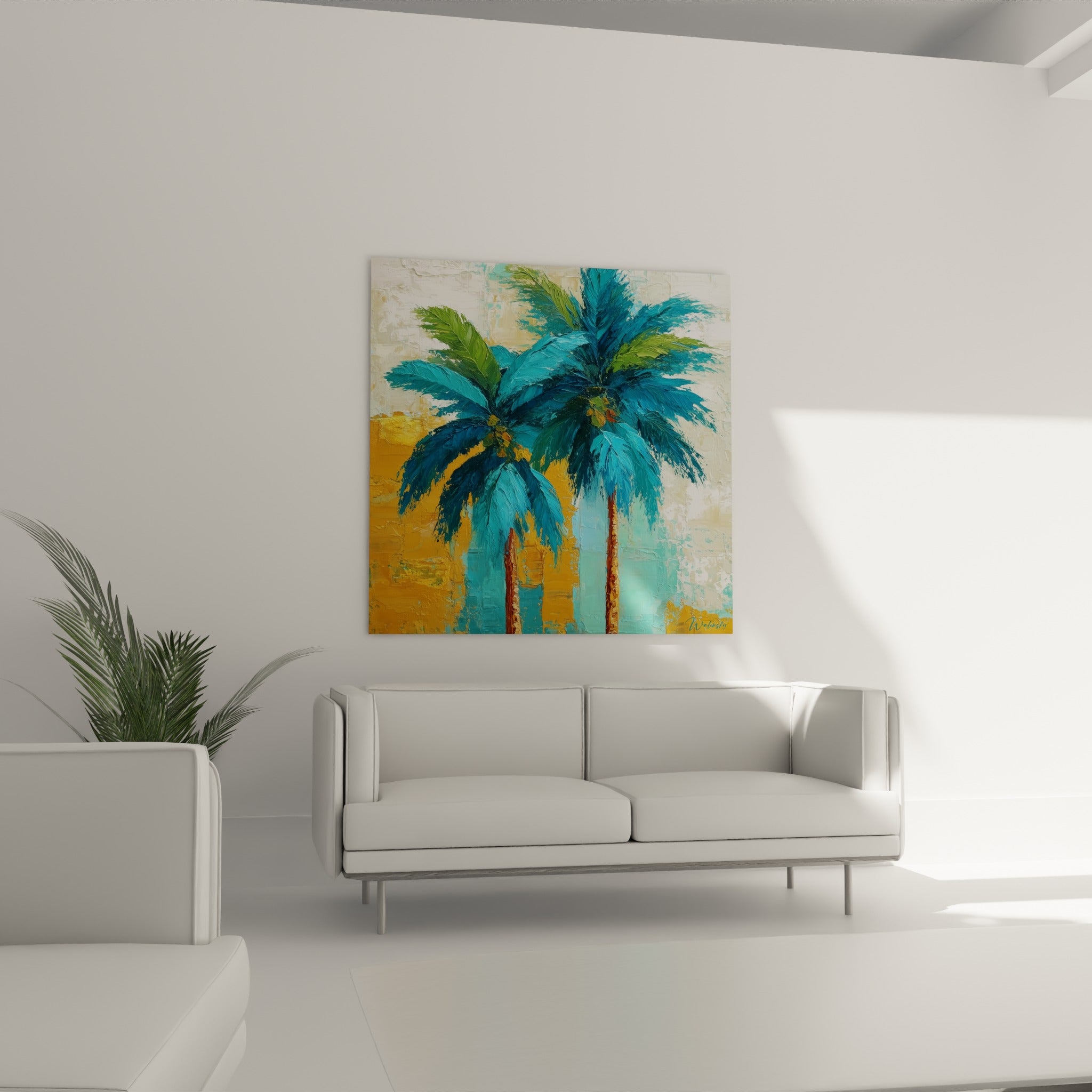 Palmiers aux teintes bleu pétrole et ocre doré disposés au-dessus d'un canapé dans un salon lumineux