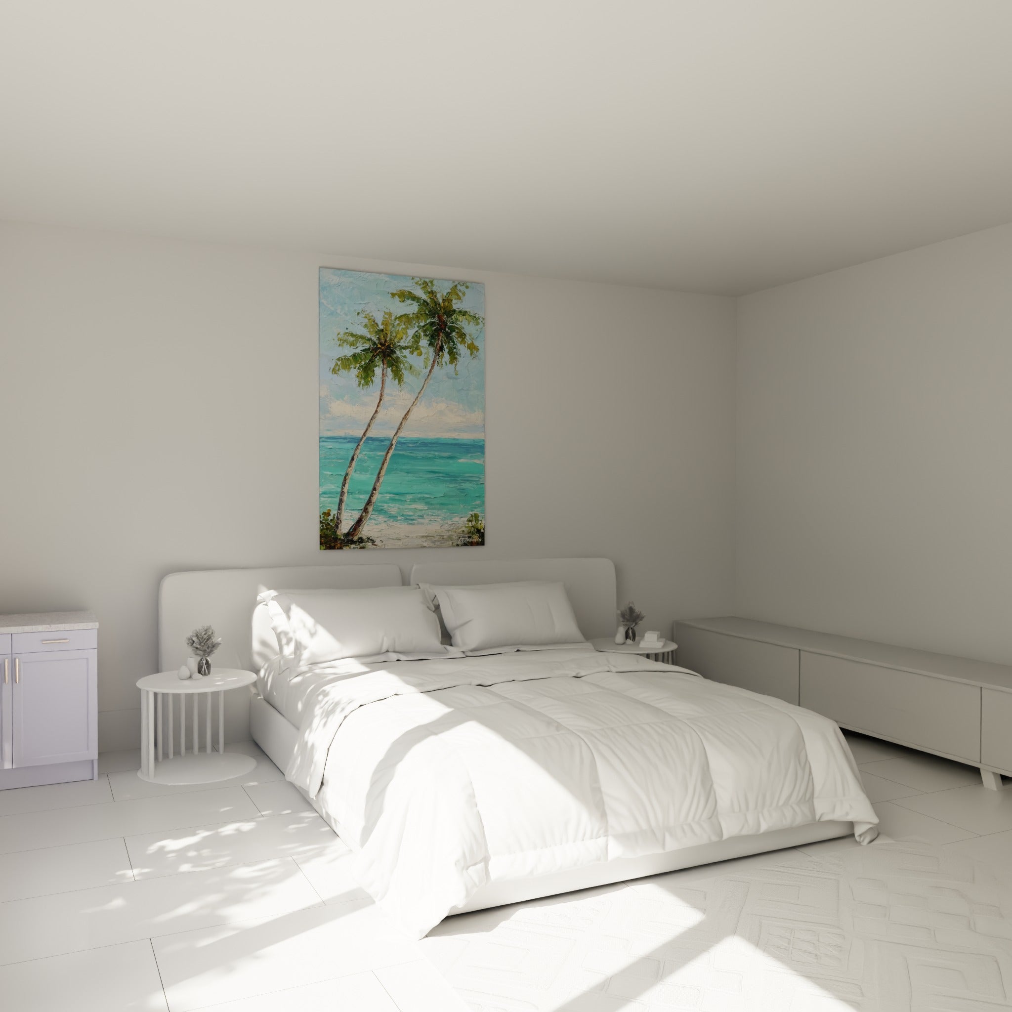 Palmiers verts et sable clair peints en empâtements, au-dessus d'un lit dans une chambre claire