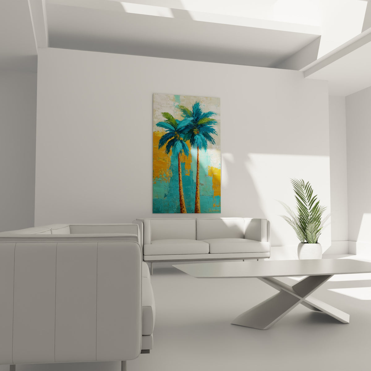 Palmiers verts et dorés à la texture épaisse accrochés au-dessus d'un canapé dans un salon lumineux
