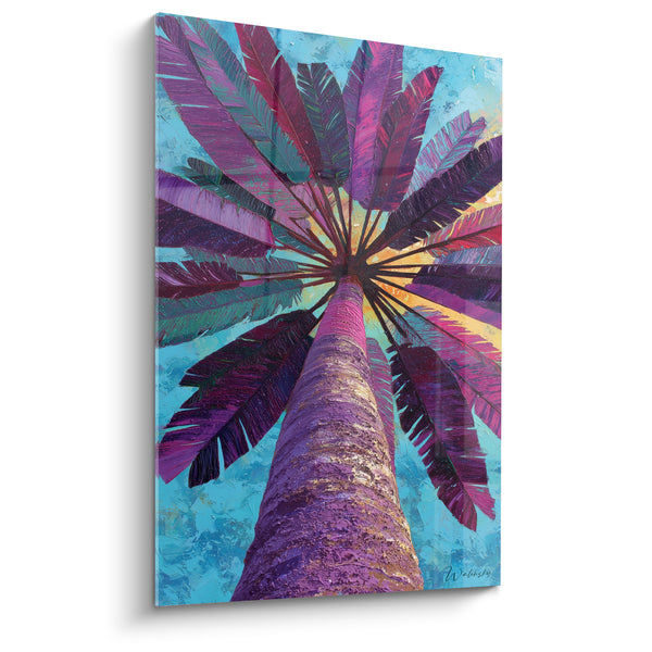 Tableau Palmier tronc violet et turquoise aux palmes rayonnantes - Éclat solaire central - Edition Palmier