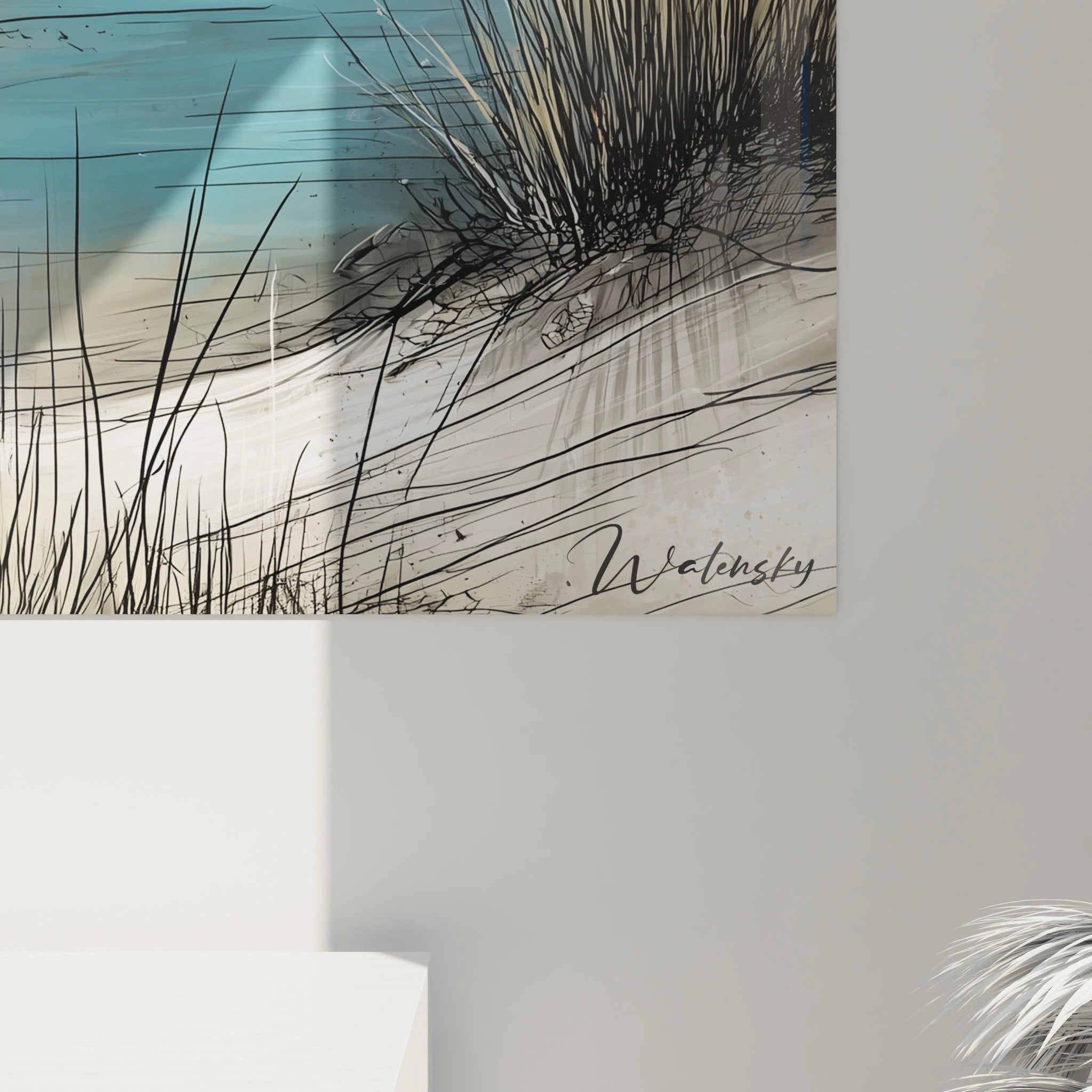 Tableau paysage africain signé Walensky, représentant une scène de plage avec des herbes hautes