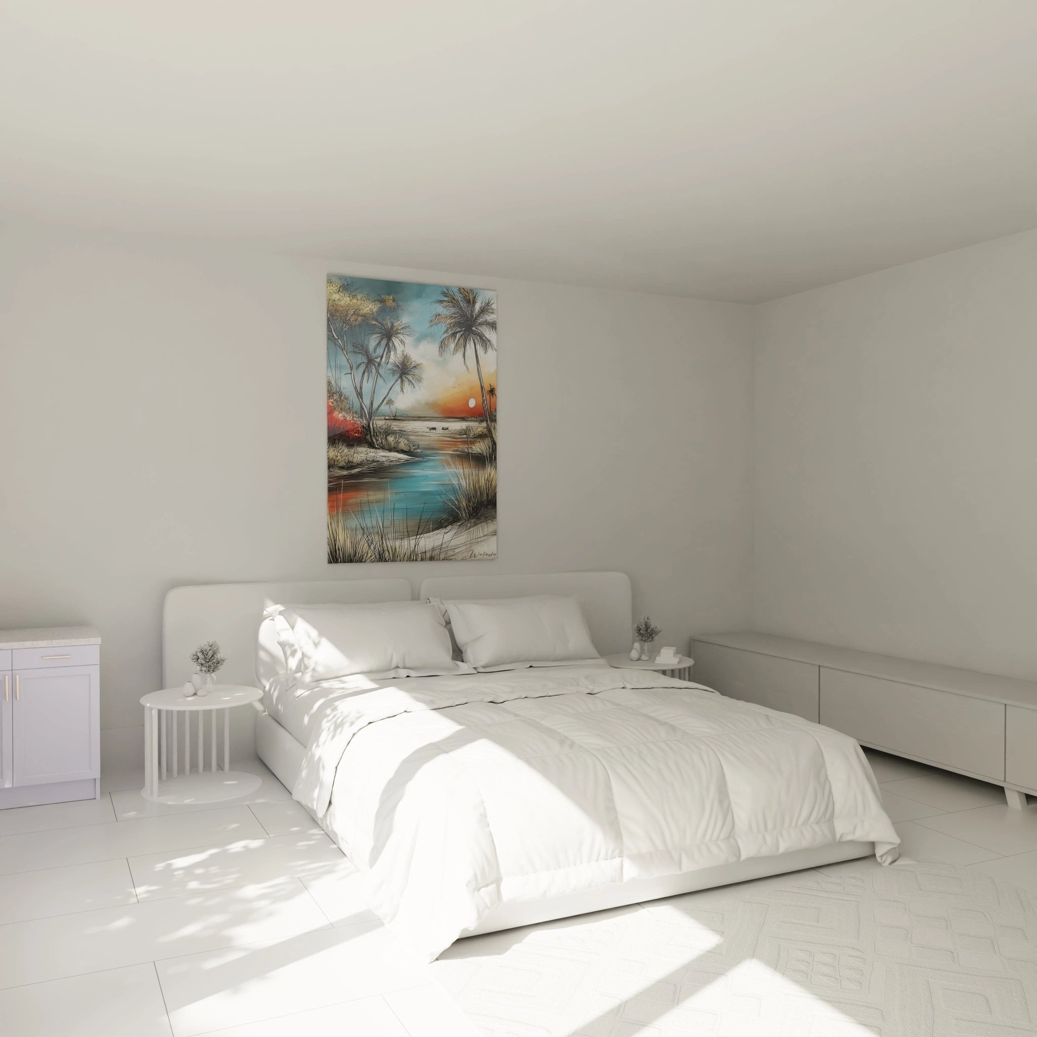 Tableau paysage africain accroché au mur d'une chambre lumineuse avec lit blanc et décor minimaliste
