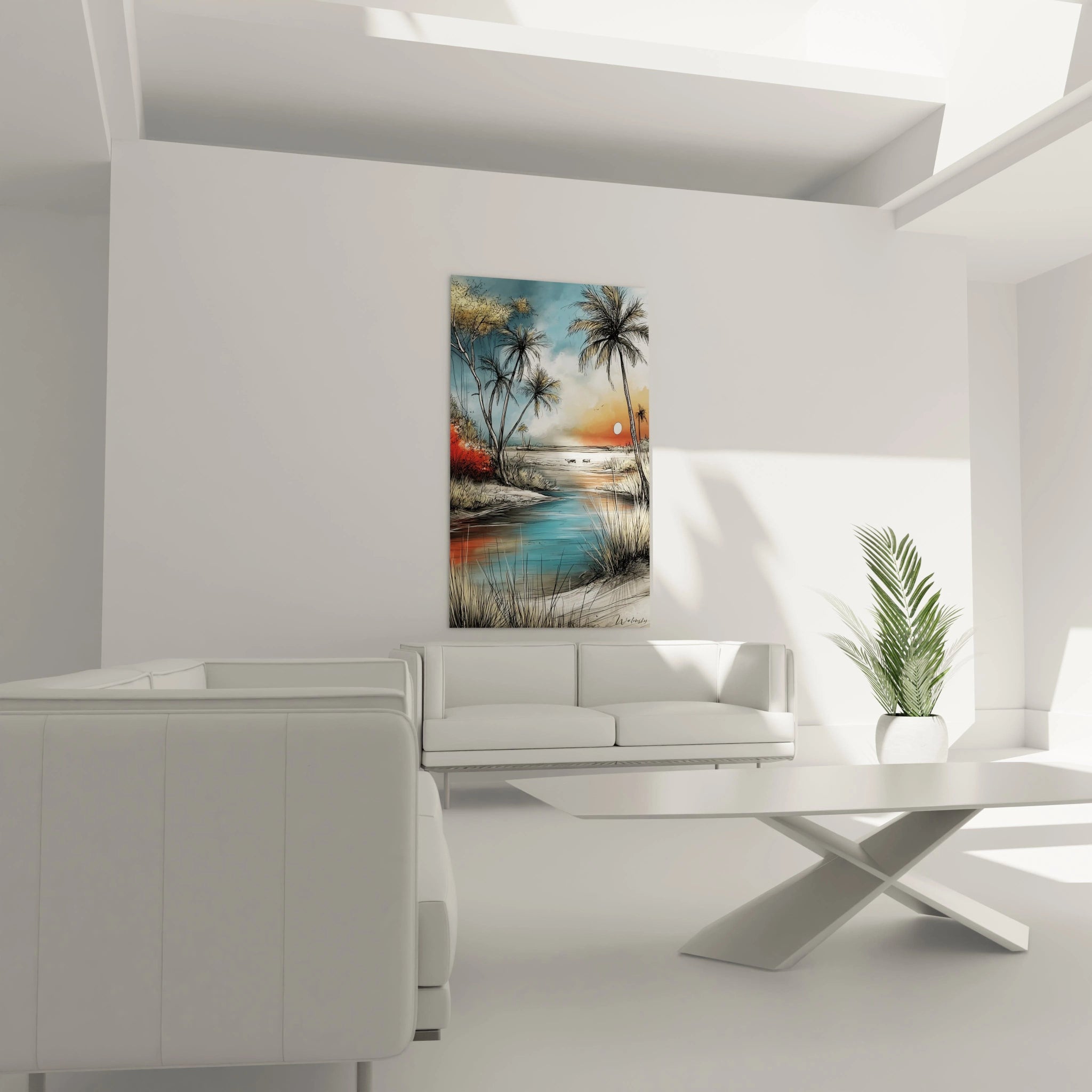 Tableau mural paysage africain avec palmiers et coucher de soleil vibrant dans un salon moderne