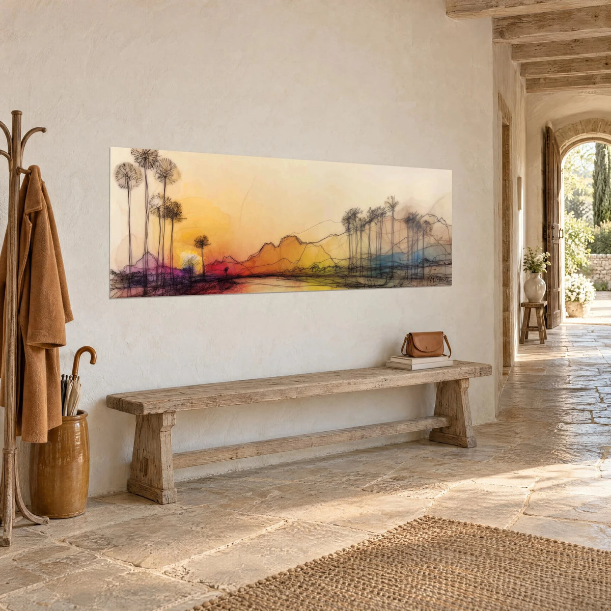 Wall art African savanna in ink, black palm silhouettes, ochre and blue gradient, in the stone entrance of a house