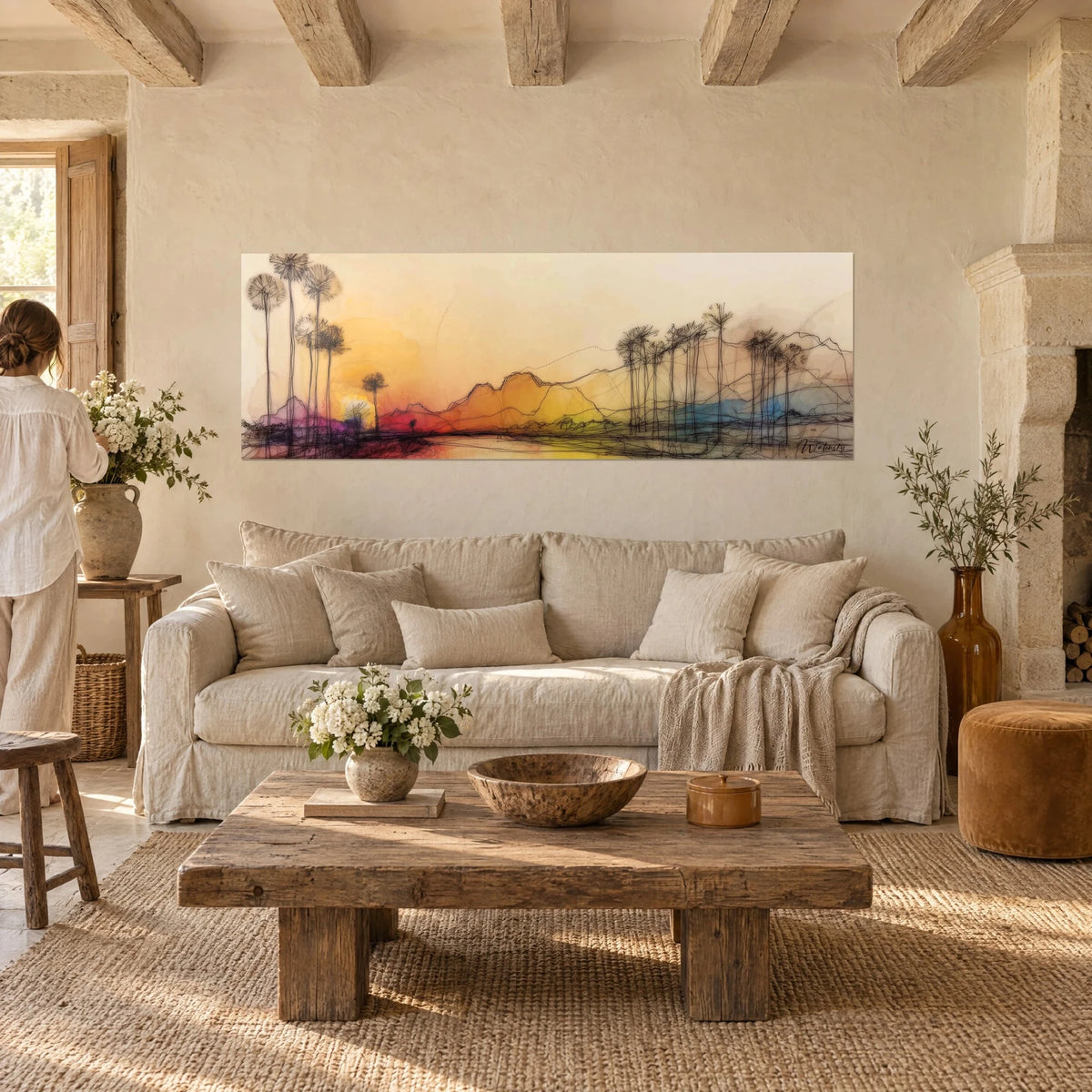 Wall art slender palm trees at dusk, orange and yellow sky, rosy hills, above a sofa in a bright living room