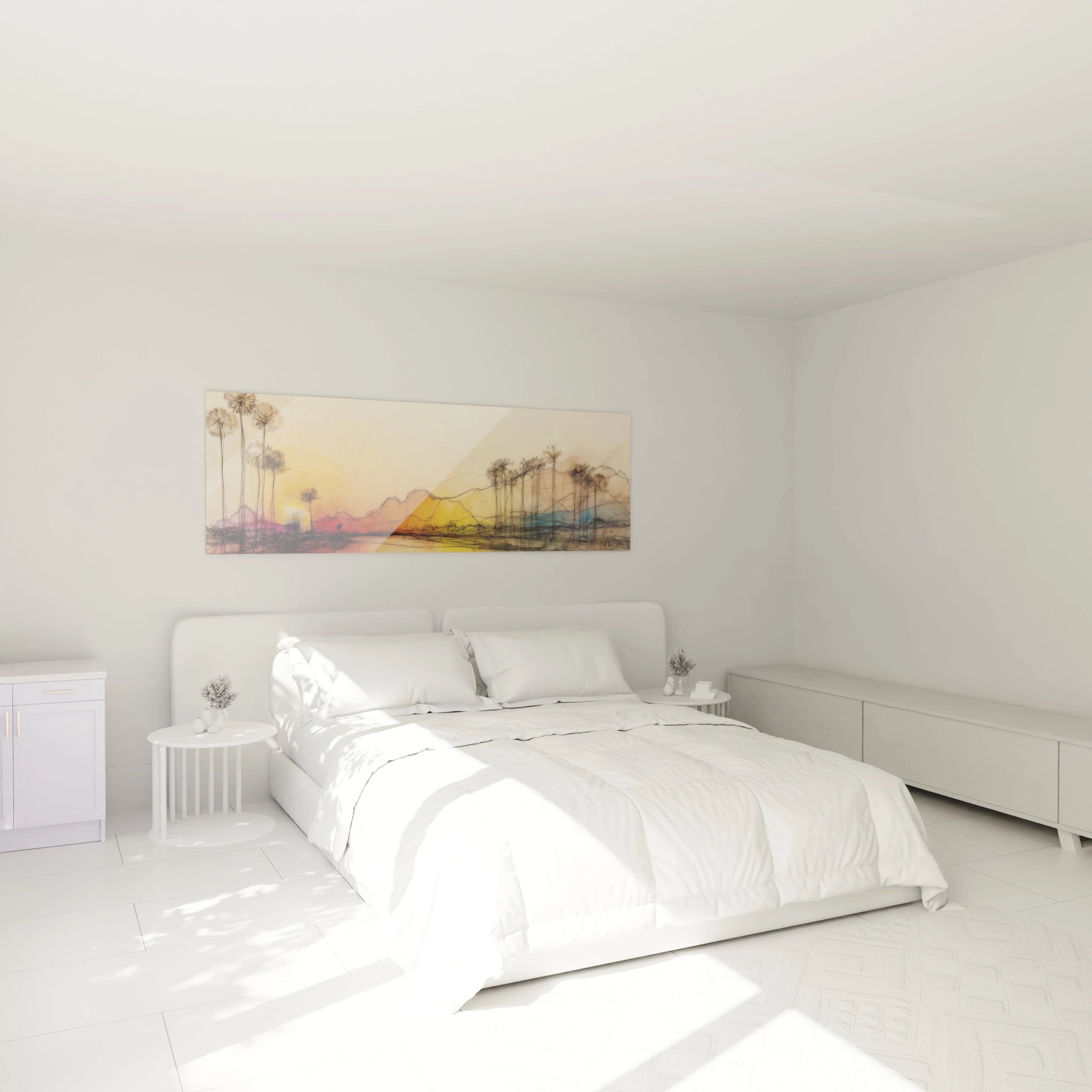 Tableau paysage africain moderne de Walensky au-dessus d'un lit blanc dans une chambre lumineuse
