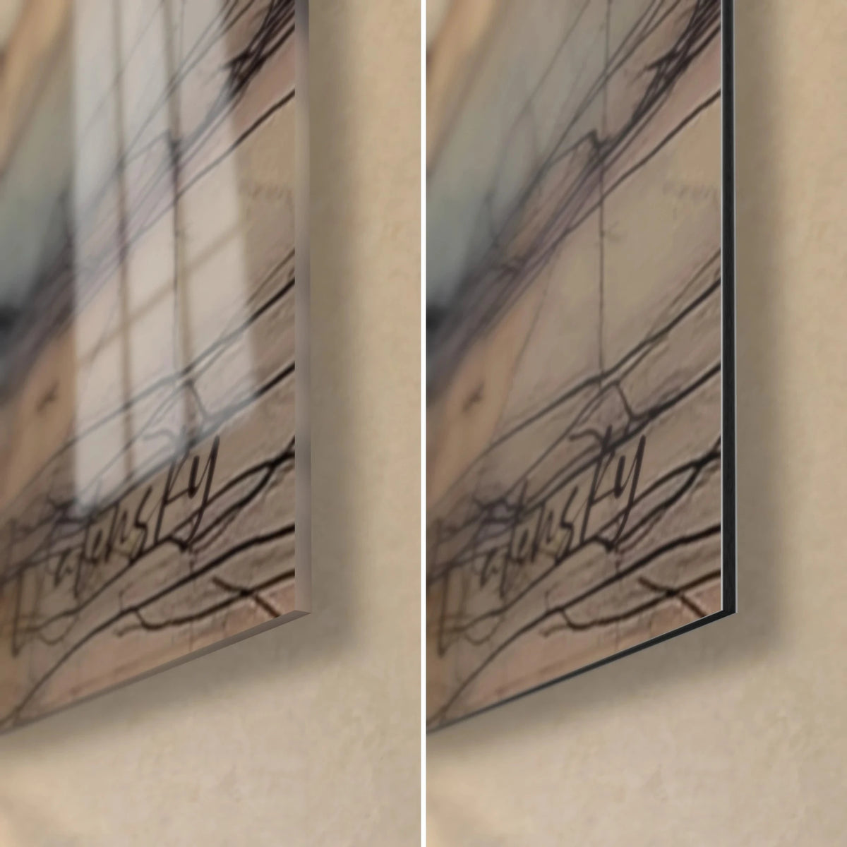 Wall art palm grove in fine black line, purple and ochre spots, bottom right corner in glossy glass and matte Dibond, 3 mm edge