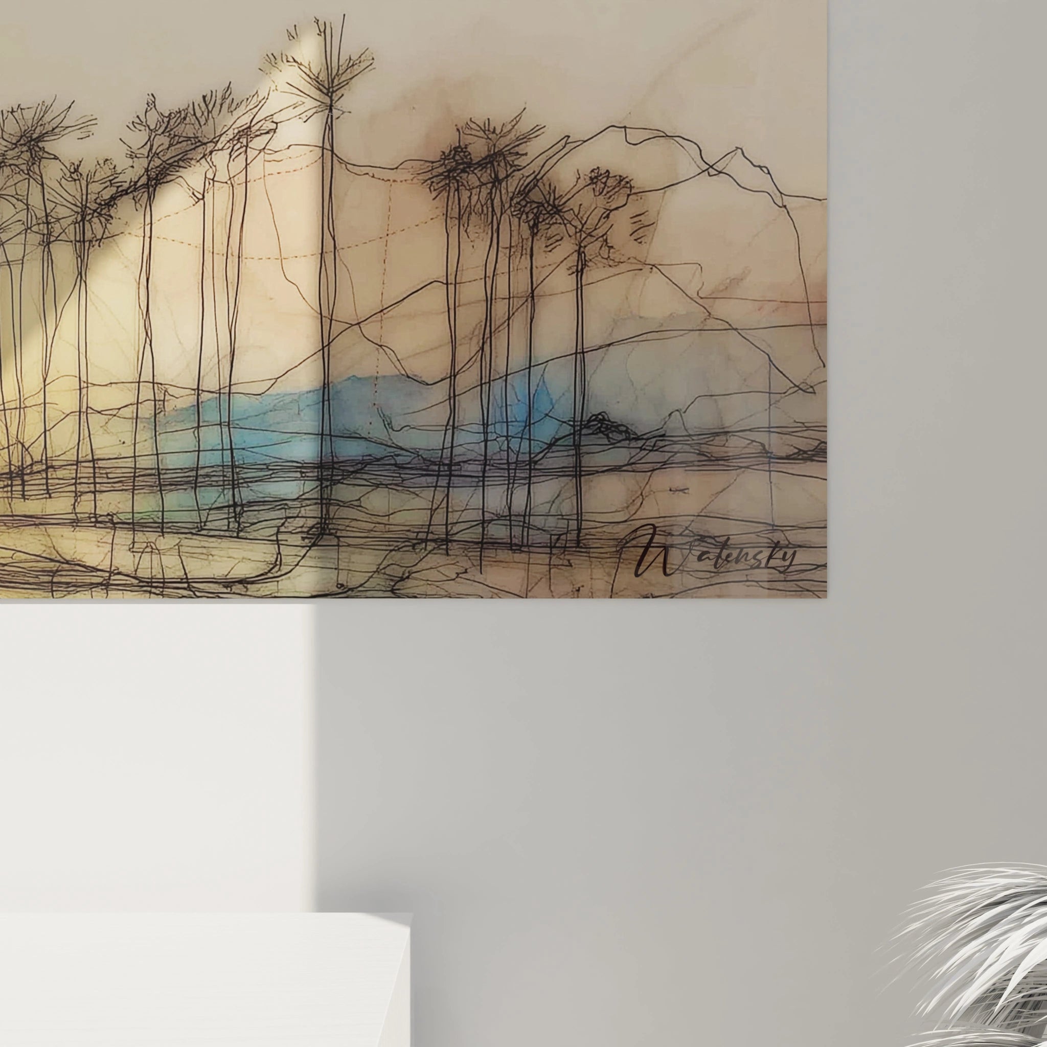 Tableau mural paysage africain moderne avec des silhouettes d'arbres et une palette de couleurs douce