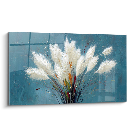 Tableau bouquet pampas blanches plumes duveteuses fond bleu ciel tiges colorees style contemporain decoration