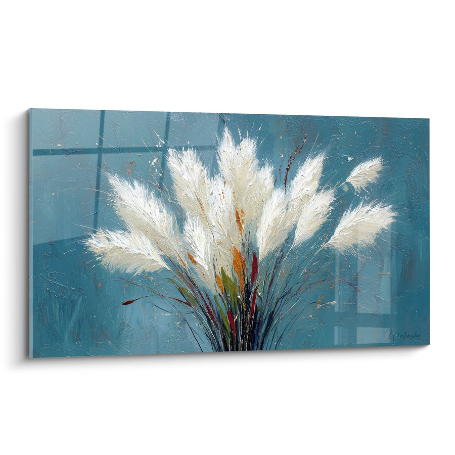 Tableau Bouquet de Pampas Blanc Éclatant sur Fond Bleu Ciel - Élégance Naturelle - Edition Graminées